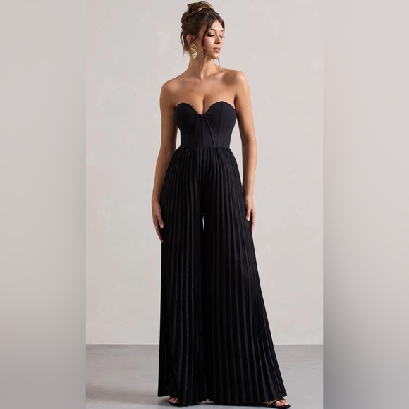 Club L London Lorelei black corset plisse wide leg jumpsuit Size S - Picture 3 of 5